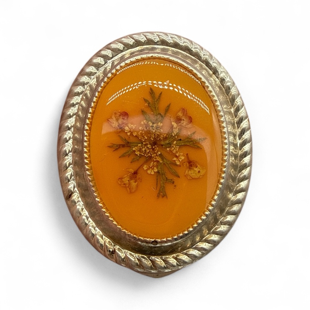 Vintage Pressed Flower Victorian Scarf Clip- Silver-Tone & Orange Floral Oval - Picture 3 of 5